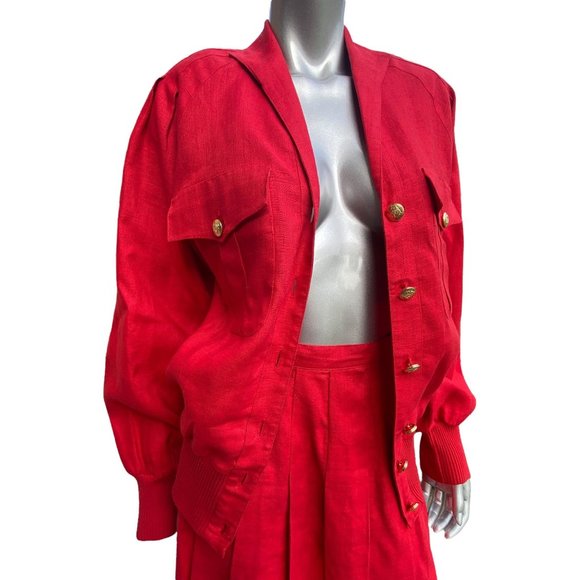 Vintage Neiman Marcus Red Linen Retro Pleated Skirt Suit 8 - Picture 5 of 12